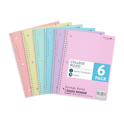 Blue Summit Supplies 6 Spiral Notebooks, College Ruled, Assorted Pastel | 8 x 10.5 in, 70 sheets each, 3 hole punched, perforated, pastel covers, for school and note taking - size: 6 Pack
