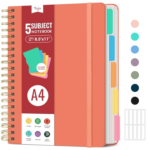 Hardcover Spiral Journal Notebooks for Work With Removable Dividers & Tabs, 8.5"x11" 5 Subject Notebook for Note Taking & Organizer, A4 College Ruled Lined Journal for Women & Writing, Coral, 280 Pages - color: E-Coral