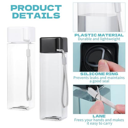YEXEXINM 16 PCS Plastic Water Bottle Bulk 15oz Reusable Sports Water Bottle with Handle Strap, Leakproof Lightweight Portable Waterbottle for School Gym Fitness Travel (Black&White, Rectangle)