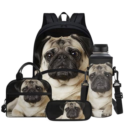Cute Pug Print School Backpack for Girls Boys Full Set of 4 Casual Schoolbags with Insulated Thermal Lunch Box Cooler Water Bottle Carrier Portable Pencil Case - color: Cute Pug