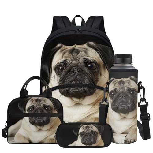Cute Pug Print School Backpack for Girls Boys Full Set of 4 Casual Schoolbags with Insulated Thermal Lunch Box Cooler Water Bottle Carrier Portable Pencil Case - color: Cute Pug
