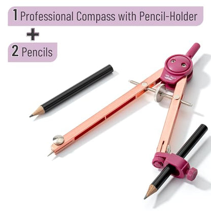 Mr. Pen- Metal Geometry Compass, Center-Wheel Design | Precision Drafting Compass with Pencil for School & Technical Drawing, Draws Circles up to 11 Inches Diameter - color: Rose Gold