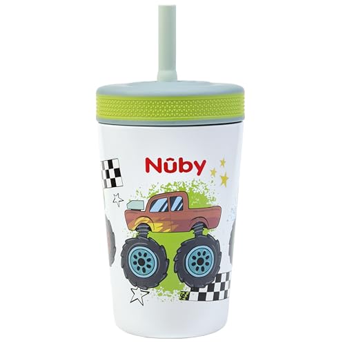 Nuby Thirsty Kids Insulated Toddler Cup with Silicone Flexstraw - 12 oz - Stainless Steel and Leak-Resistant - 18+ Months - Monster Trucks - color: Monster Trucks