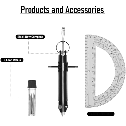 EBOOT Student Geometry Math Set, Metal Drawing Compass and 6 Inch Clear Swing Arm Protractors 180 Degree Math Protractor(Black and Black) - color: Black and Black