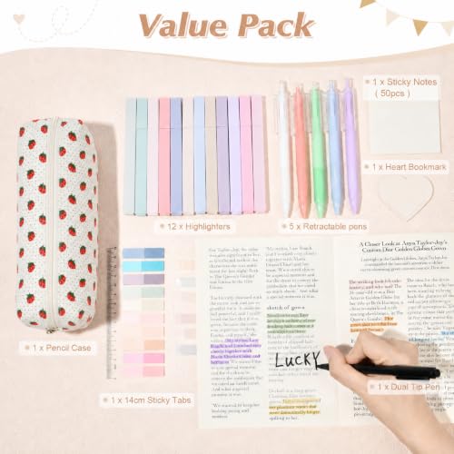22Pcs Book Annotation Kit Aesthetic Pencil Case with Supplies School Annotation Supplies Gel Pen Transparent Sticky Note Taking Bible Study College Stationery Supplie (White Strawberry Dot) - color: White Strawberry Dot