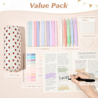 22Pcs Book Annotation Kit Aesthetic Pencil Case with Supplies School Annotation Supplies Gel Pen Transparent Sticky Note Taking Bible Study College Stationery Supplie (White Strawberry Dot) - color: White Strawberry Dot