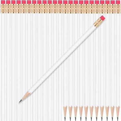 24 Pcs Round Pencils with Eraser 2 HB Cute Pencils Bulk for School Graphite Wood Color Unsharpened Pencil for Drawing Sketching Wedding School Teacher Supplies Student Reward(White) - color: White