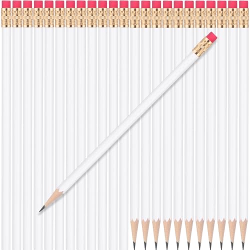 24 Pcs Round Pencils with Eraser 2 HB Cute Pencils Bulk for School Graphite Wood Color Unsharpened Pencil for Drawing Sketching Wedding School Teacher Supplies Student Reward(White) - color: White