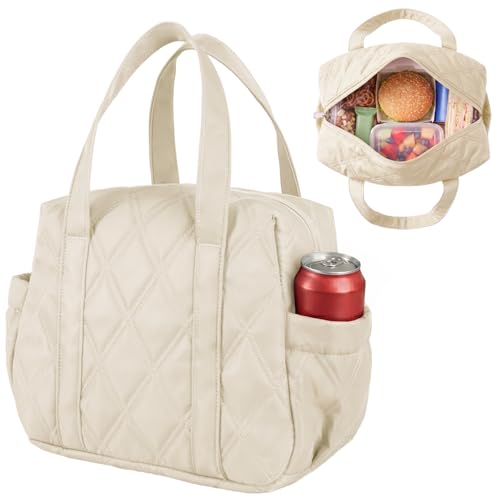 Quilted Puffer Lunch Bag for Women, Insulated Lunch Tote with Foil Lining, Leak-Resistant Reusable Lunch Cooler Bag, Roomy Soft Lunch Box for Work, School, Picnic and Travel (Off White) - color: Off-White