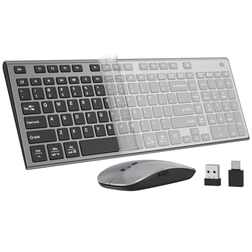 Keyboard and Mouse Wireless, Slim Flat Silent Quiet Black & Gray | Low Profile Thin, Compact Full Size with 10 Key, Soft Touch, USB C Cordless, for Mac/Windows PC/Macbook/iMac, Office/Home - color: Black and Gray