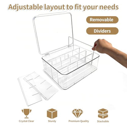 Socks Underwear Drawer Organizer, 16 Compartment Clear Plastic Storage Box with Lid & Adjustable Dividers, Tie Box, Tea Bag Organizer, Acrylic Organizer Box (12x10x3.9 Inch)