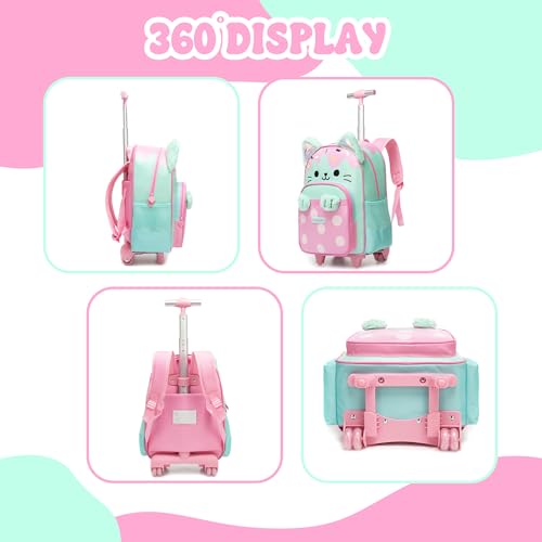 Meetbelify Backpack with Wheels for Girls Rolling Backpack Cute Cat Carry on Backpack Kids Luggage with Lunch Box Pencil Case for Elementary Student - color: Green Cat