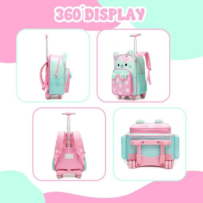 Meetbelify Backpack with Wheels for Girls Rolling Backpack Cute Cat Carry on Backpack Kids Luggage with Lunch Box Pencil Case for Elementary Student - color: Green Cat