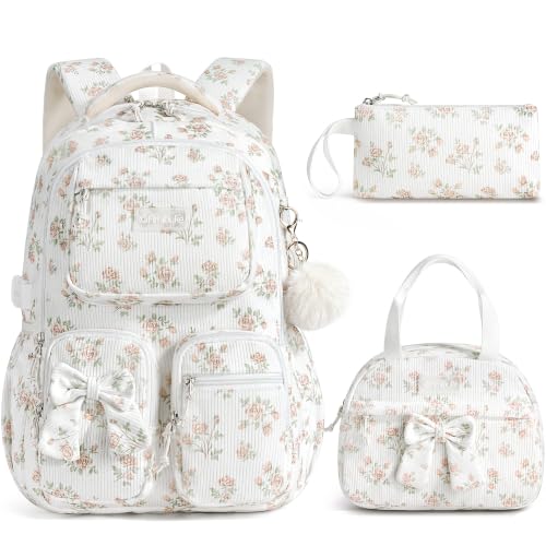 Fimibuke 3PCS Corduroy Backpack for School Girls with Lunch Box Pencil Case | Lightweight Teen Girls Bow backpack, Kids School Bag Bookbag for Elementary Middle High School Supplies Laptop Travel Daypack - color: Yellow Rose