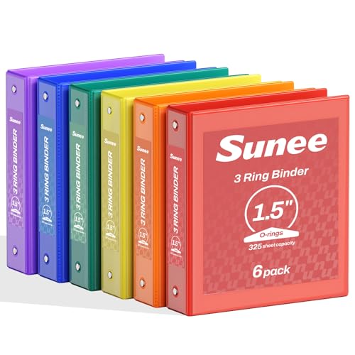 SUNEE 1.5 Inch Binders 3 Ring 6 Pack, Clear View Three Ring 1 1/2 Inch Binders PVC-Free (Fit 8.5x11 Inches) for School or Office Supplies, Classic 6 Colors - color: Classic Assortment, size: 1.5 Inch