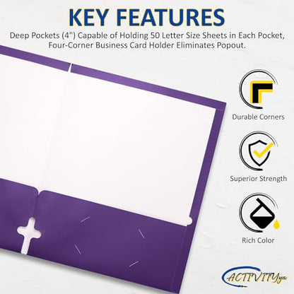 10 Pack Two Pocket Folders, Purple, Strong Thick Paper Folders, for Letter Size, by ACTIVITYya - color: Purple