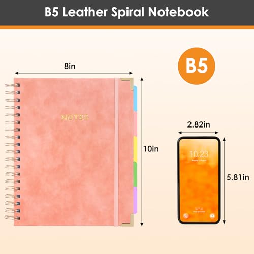 Hardcover Spiral Notebook with Dividers Tabs, 300 Pages 8"x10"(B5) Leather 5 Subject Notebook, Large Journal for Work School Note Taking, Journal for Women, Pink - color: 1-pink