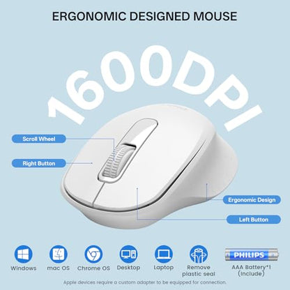 PHILIPS Wireless Keyboard and Mouse Combo-Ergonomic Keyboard and Mouse Wireless Combo with Silent Design,Plug n' Play,Sleep Mode and 2.4GHz Keyboard for Mac, Windows, Laptop-White - color: White