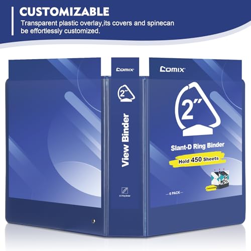 COMIX Sturdy 3 Ring Binder 2 inch with Clear View Cover, 2" Slant-D Ring View Binder Holds 500 Sheets of US Letter Size Paper, 6 Pack (Blue) - color: Blue, size: 2 inch