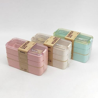 Adult Lunch Box Square 3 Compartment 900ML Sealed Bento Box 3 Layers All-in-One Stackable Bento Box Containers with Fork Spoon for Home Travel Office Plastic Lunch Box (Green)