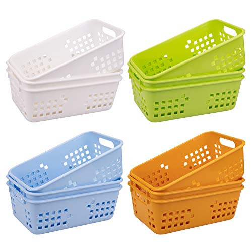 Jucoan 12 Pack Classroom Storage Baskets, Colorful Small Plastic Organizer Basket Bin, Pen Pencil Crayon Storage Tray for Home Office School Desktop, Drawers, Shelves, 4 Colors, 8.5 x 5.5 x 3 Inch