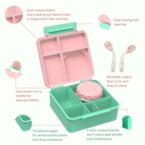 Bento Box for Kids - Leak-Proof Bento Lunch Box with Insulated Thermo Food Jar - 4 Compartments, 1 Removable Divider, 1 Spoon, 1 Fork - Dishwasher Safe, BPA-Free (Light pink) - color: Light Pink