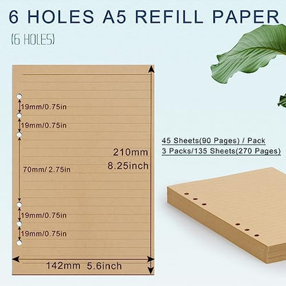 Toplive [3 Pack] A5 Refill Paper - 100GSM Thick 6 Hole Filler Inserts, 135 Sheets (270 Pages) for 6 Ring Binder Journal Notebook, Lined Kraft - style: 3Pack Kraft Lined
