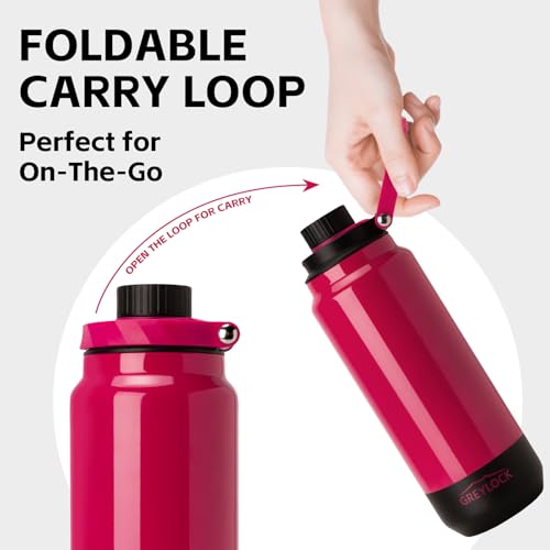 GREYLOCK 32 oz Insulated Water Bottle with Straw Lid, Leakproof Reusable Stainless Steel Vacuum Flask, 24hr Cold & Hot, Carry Handle & Silicone Spout, BPA-Free for Gym, Hiking, Travel, Red - color: Raspberry Ridge, size: 32 Ounces