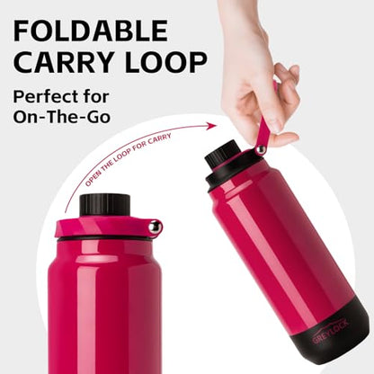 GREYLOCK 32 oz Insulated Water Bottle with Straw Lid, Leakproof Reusable Stainless Steel Vacuum Flask, 24hr Cold & Hot, Carry Handle & Silicone Spout, BPA-Free for Gym, Hiking, Travel, Red - color: Raspberry Ridge, size: 32 Ounces