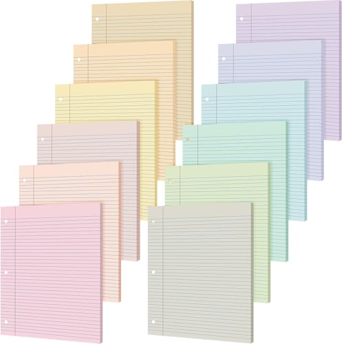 PerKoop 12 Pack 600 Sheets Colored Loose Leaf Paper Wide Ruled 8" x 10.5", Pastel Colorful Lined Writing Paper 3 Hole Punched Filler for 3 Ring Binder School Office Supplies(Light Color) - color: Light Color