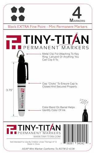 Tiny-Titan Mini Markers, EXTRA Fine Point - Permanent Ink - Metal Tip - Keychain Clip, Golf Ball Marker, Clip On Nurse's Badge - Black Ink - EXTRA Fine Point - 4 Pens