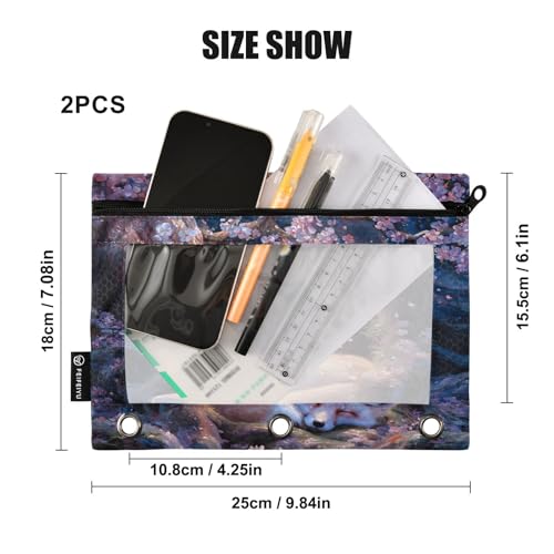 2 Pack Pencil Pouch for 3 Ring Binder Fox Cherry Blossom Tree Pencil Case Pouch with Clear Window Zipper Binder Pencil Pouches Pen Bag for Office School Supplies - color: Fox Cherry Blossom Tree