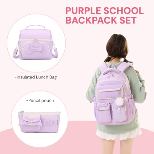 Girls School Backpack with Lunch Box Pencil Case Set, Cute Middle School Bag Teen Girls Backpack Bookbag for Kids, 3pcs Purple - color: 3pcs Purple