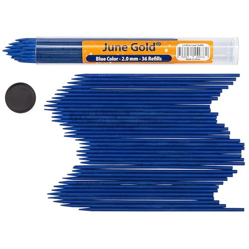 June Gold 36 Blue (Azure #130) Colored 2.0 mm Lead Refills, 90 mm Length | Bold Thickness for Heavy Use, Break / Smudge Resistant, Travel Carrying Tube, Pre-Sharpened - color: Blue (Azure #130)