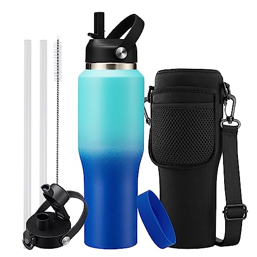 32 OZ Stainless-steel Insulated Water Bottles - Cold 48H & Hot 24H, Leak-Proof Metal Water Flask with Sleeve, Protective Boot, BPA Free Vacuum Insulated 32 Oz Water Bottle Fits In Cup Holder - color: Mint&Cobalt, size: 32 Ounces