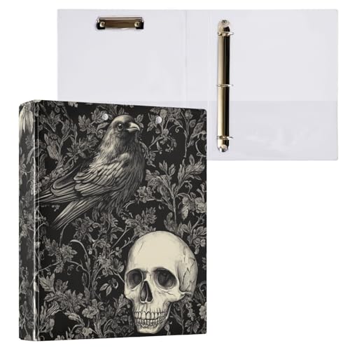 Gothic Skull with Crow Goth Black Binder 1.5 Inch Binder with Clipboard&Pockets, Hardcover Binders 3 Ring, Heavy Duty Large File Folder for Office School Supplies - Holds 200 Sheets - color: Gothic Skull With Crow, size: 1 Pack-12.4x10.63in