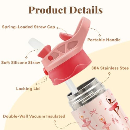 12oz Ballet Kids Water Bottle, Ballerina Water Bottle for School, Pink Kids Insulated Bottles with Straw & Handle, Leak-Proof, BPA-free, Straw Lid, Stainless Steel for Travel Gift Cup for Girls - color: Ballet