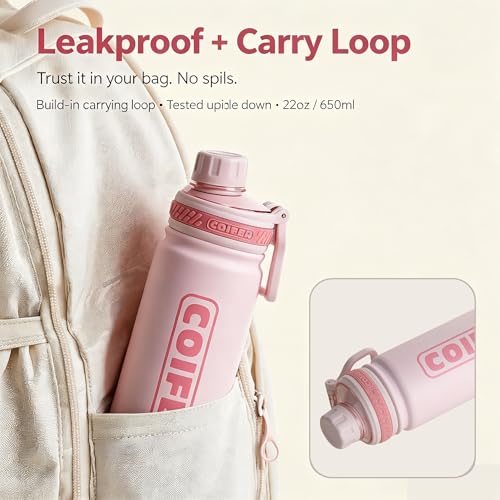 22 oz Insulated Water Bottle, Lightweight Stainless Steel Vacuum with Handle, Leakproof Dustproof Spout Lid, Wide Mouth BPA-Free, Cute for School Yoga Travel Commute Gifts for Women Girls - color: Rose Pink