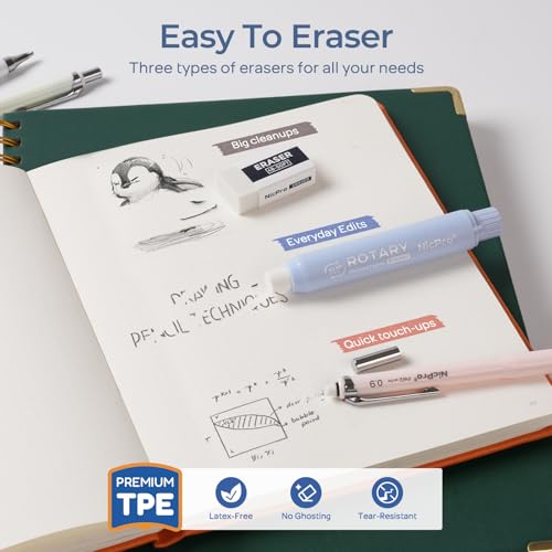 Nicpro Cute Mechanical Pencil Set, 4PCS 0.9mm Pastel Drafting Pencils with 4 Tube HB Lead Refills, 4B Erasers, Rotary Retractable Eraser and Eraser Refill for Writing Sketching Back to School Supplies - style: 0.9mm
