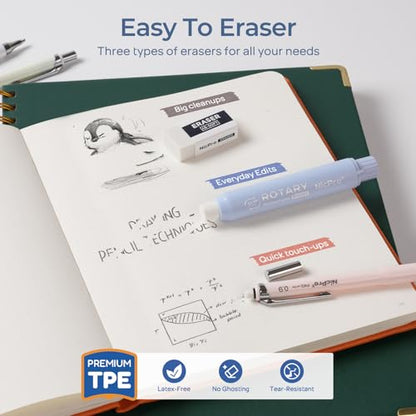 Nicpro Cute Mechanical Pencil Set, 4PCS 0.9mm Pastel Drafting Pencils with 4 Tube HB Lead Refills, 4B Erasers, Rotary Retractable Eraser and Eraser Refill for Writing Sketching Back to School Supplies - style: 0.9mm