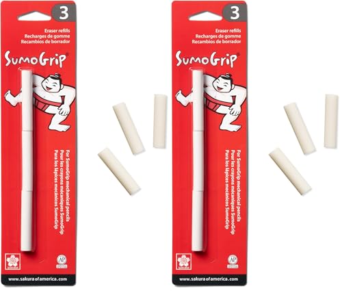SAKURA SumoGrip Mechanical Pencil Eraser Refill - Eraser Refills for 0.5 mm, 0.7 mm, and 0.9 mm Mechanical Pencils - 3 Eraser Refills (Pack of 2) - size: 1 Count (Pack of 6)