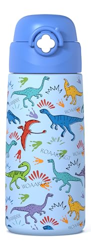 Boys Insulated Water Bottle with Covered Pop-Up Straw,16 oz Kids Cups with Stainless Steel Leak Proof for School（Blue-Dinosaur） - color: A21.Dinosaur, style: 1Pack