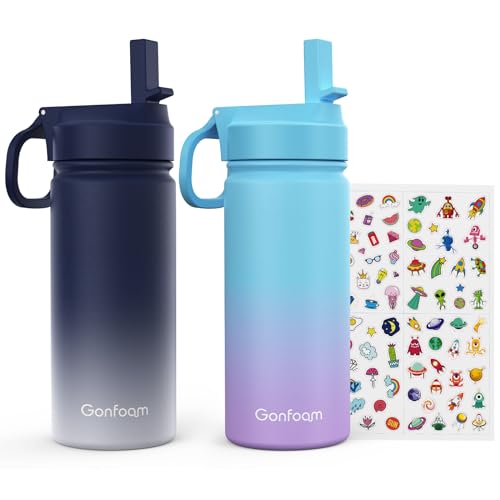 Gonfoam 16oz Kids Water Bottle, 2 Pack Stainless Steel Insulated Cup | DIY Stickers, BPA-free, Leak-proof, Sturdy, Keeps Cold 24h, Easy to Carry, Easy to Clean, Back to School, Gifts - color: Gray+Blue