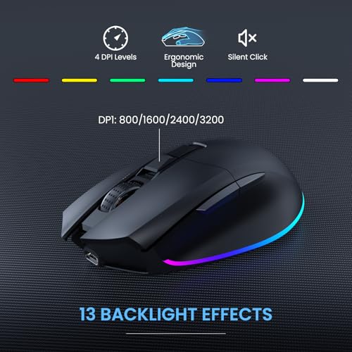 COLIKES Ergonomic Wireless Keyboard and Mouse Silent, Rechargeable Wave Keyboard with 15 Lighting RGB Backlit Effects, Soft Leather Wrist Rest, 3200 DPI Mouse for PC Computer Laptop Windows Mac