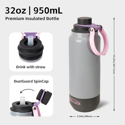 GREYLOCK 32 oz Insulated Water Bottle with Straw Lid, Leakproof Reusable Stainless Steel Vacuum Flask, 24hr Cold & Hot, Carry Handle & Silicone Spout, BPA-Free for Gym, Hiking, Travel, Grey - color: Stone Blossom, size: 32 Ounces