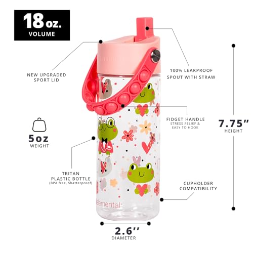 Elemental Leak Proof Water Bottles for Kids - Splash Kids Water Bottle for School with Pop-it Handle - Tritan Plastic Water Bottle with Straw - Fancy Frog Clear & Rose - 18oz (2 Pack) - color: Duo - Clear Frog / Rose
