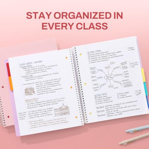 SUNEE 5 Subject Notebook College Ruled - 400 Pages, 9"x11", 5 Pocket Colored Dividers, 3-Hole Punched Paper, Pink - color: Pink, style: College Ruled