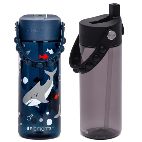 Elemental Leak Proof Water Bottles for Kids - Splash Kids Water Bottle for School with Pop-it Handle - Tritan Plastic Water Bottle with Straw - Shark & Black - 18oz (2 Pack) - color: Duo - Shark / Black