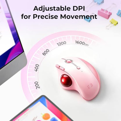 seenda Wireless Trackball Mouse, Ergonomic Bluetooth Rollerball Mouse Rechargeable, 3 Device Connection Optical Mice Adjustable DPI Thumb Control Mice Compatible for PC/Laptop/Windows/Mac - Pink - color: Pink