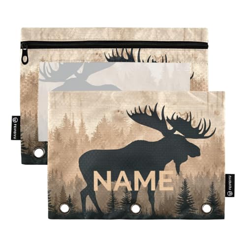 Custom Text Moose Brown Wood Pencil Pouch for 3 Ring Binder Personalized Text Photo Pencil Case Clear Window Pencils Bag for School Office 2 Packs - color: Custom Moose Brown Wood